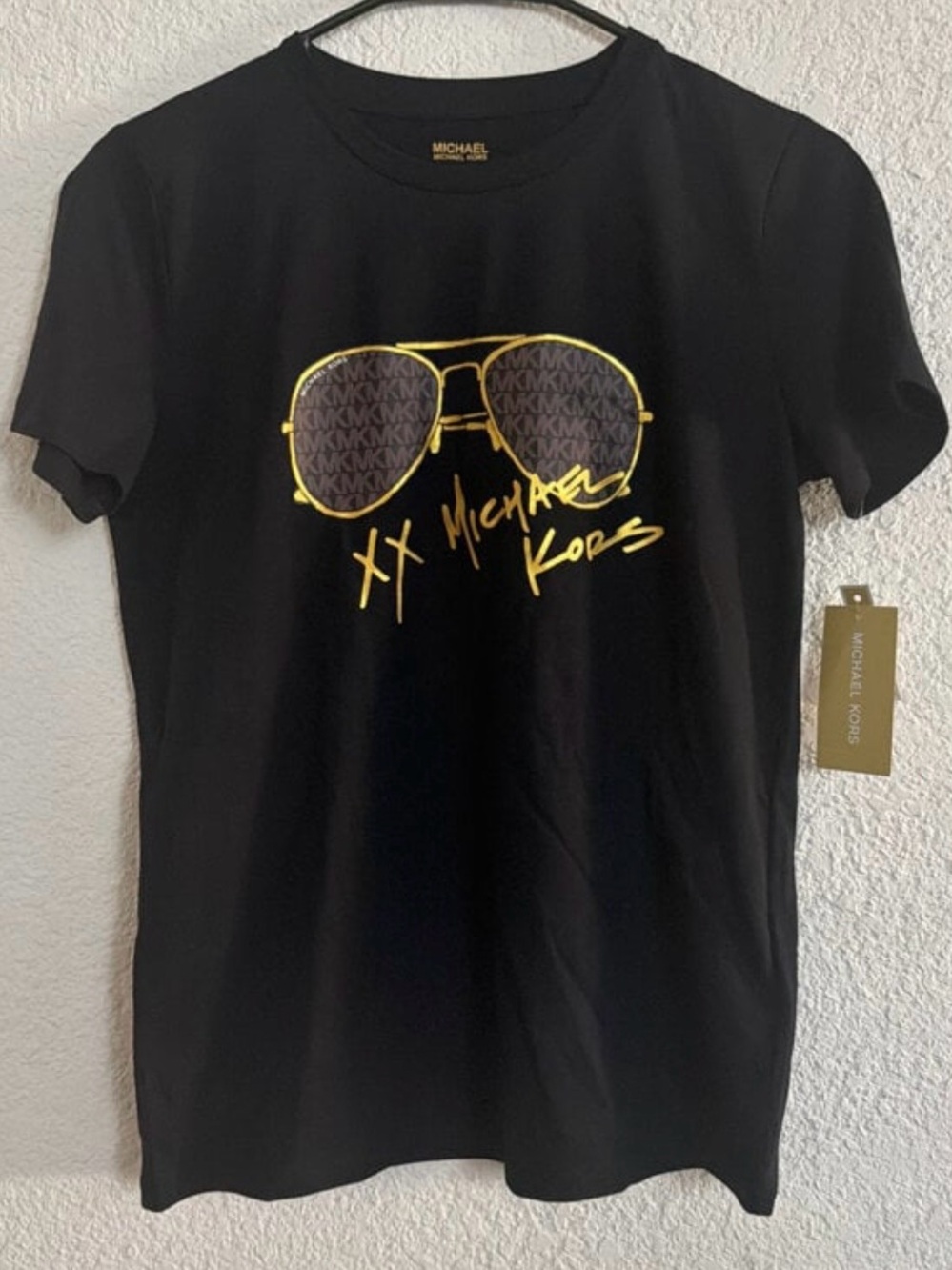 Michael Kors Women’s Black Graphic Tee with Gold Sunglasses Print small